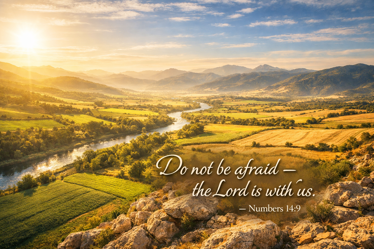 Numbers 14:9 -- Rolling Green Hills River Golden Sunrise HD Wallpaper